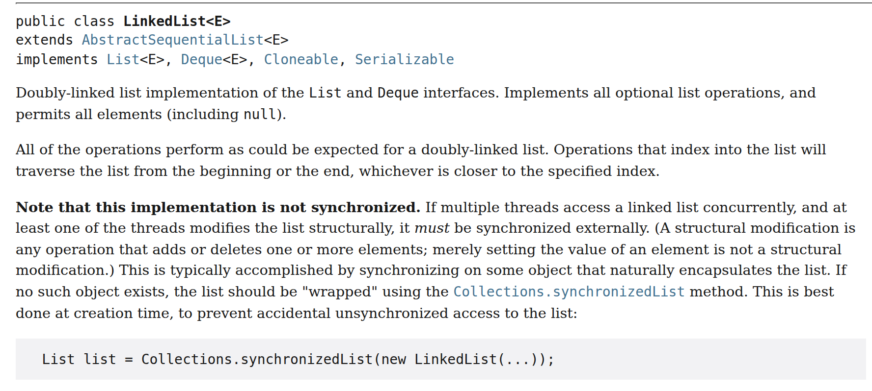 LinkedList의 JDK 25 Javadoc